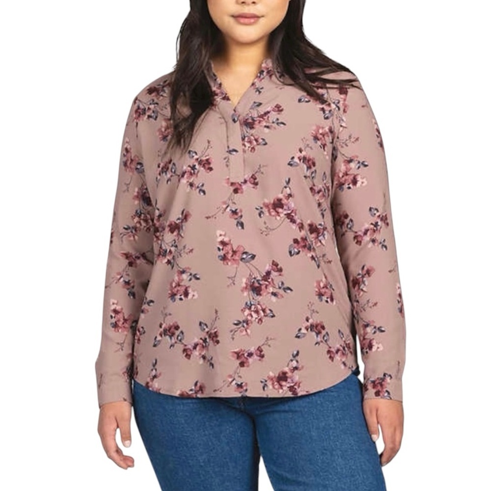 Hilary Radley Floral Blouse Pink Mauve Long Sleeve V-Neck Top XXL NWT